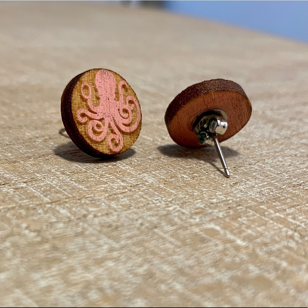 NEW handcrafted wooden octopus pink earrings